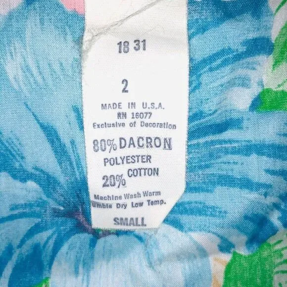 Vintage 70s Robe Womens S White Blue Floral Ruffle Tie Short Sleeve
